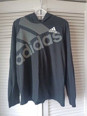 Adidas Hooded Long Sleeve Black Logo Print Shirt Youth XL 100% Cotton